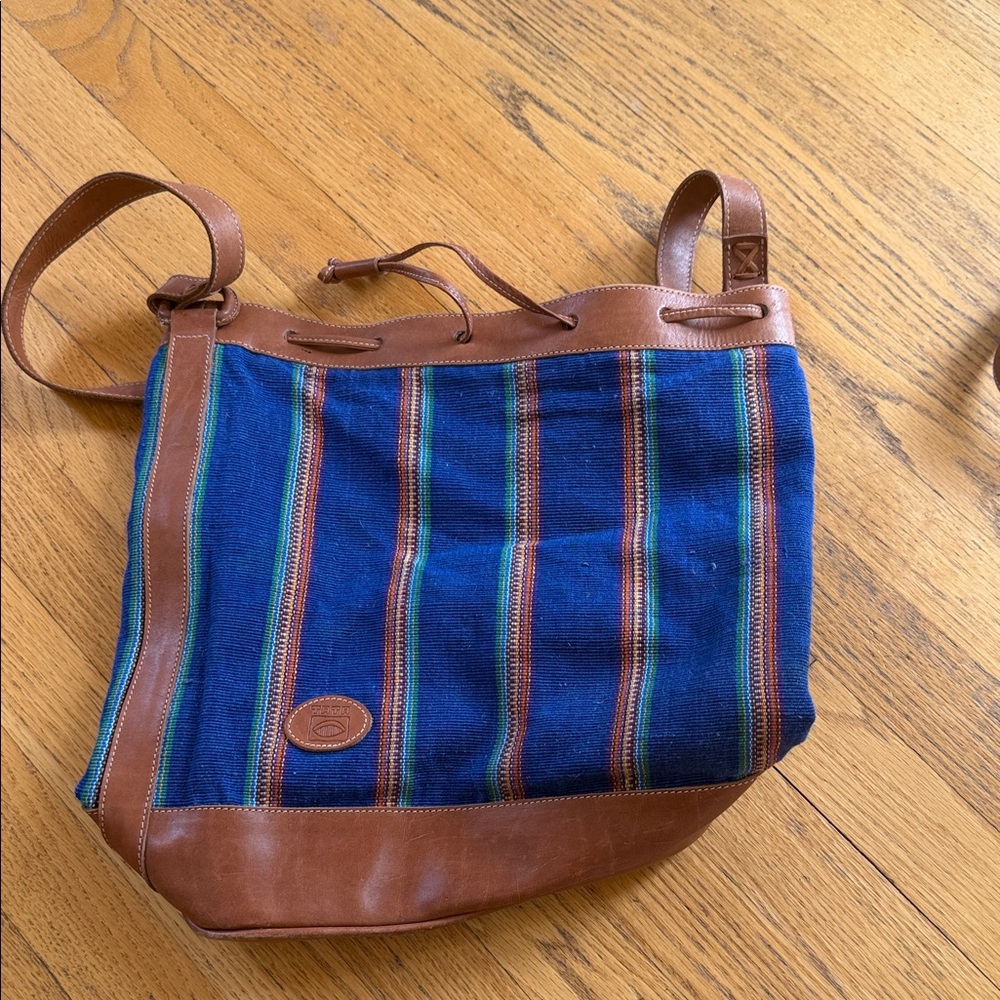 Vintage boho Blue Striped Canvas & Brown Leather Shoulder Bag